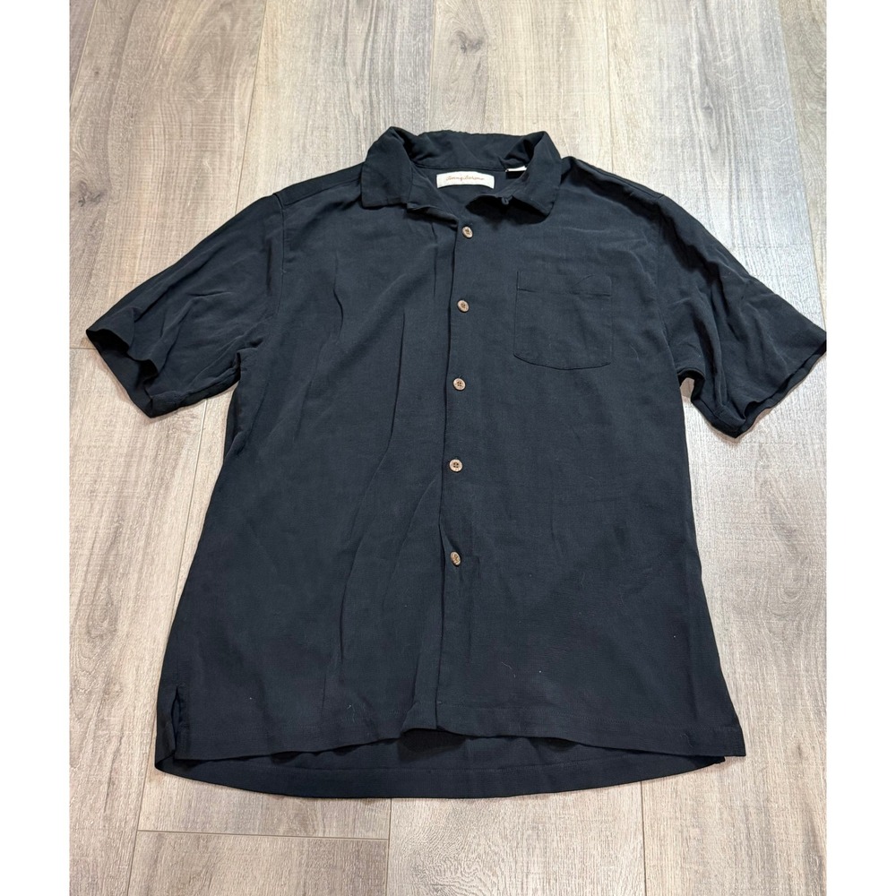 Tommy Bahama Mens Large Black 100% Silk Waffle Weave Short Sleeve Camp Shirt